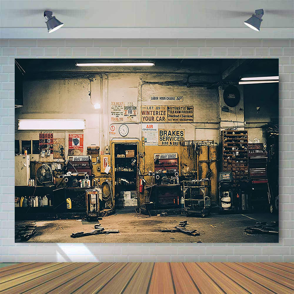 Retro Car Repairs Backdrop Too - Workshop Tools Background recension och pris