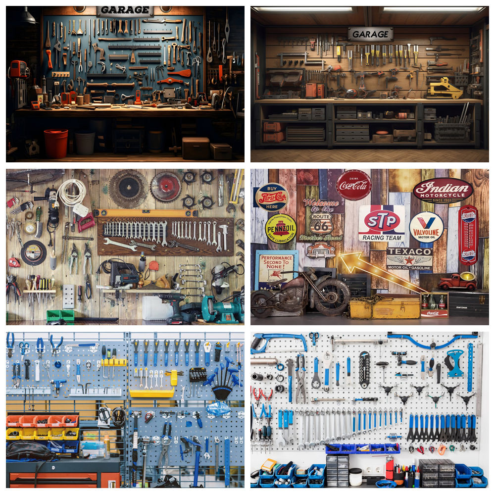 Vintage Garage Backdrop Car Re - Workshop Tools Background recension och pris
