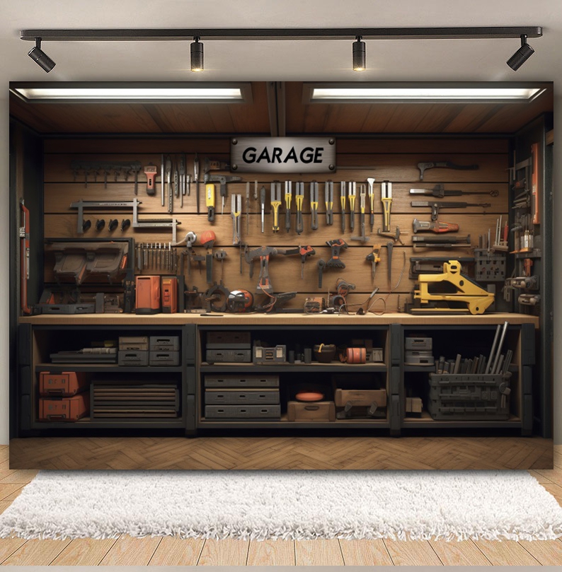 Vintage Garage Backdrop Car Re - Workshop Tools Background recension och pris