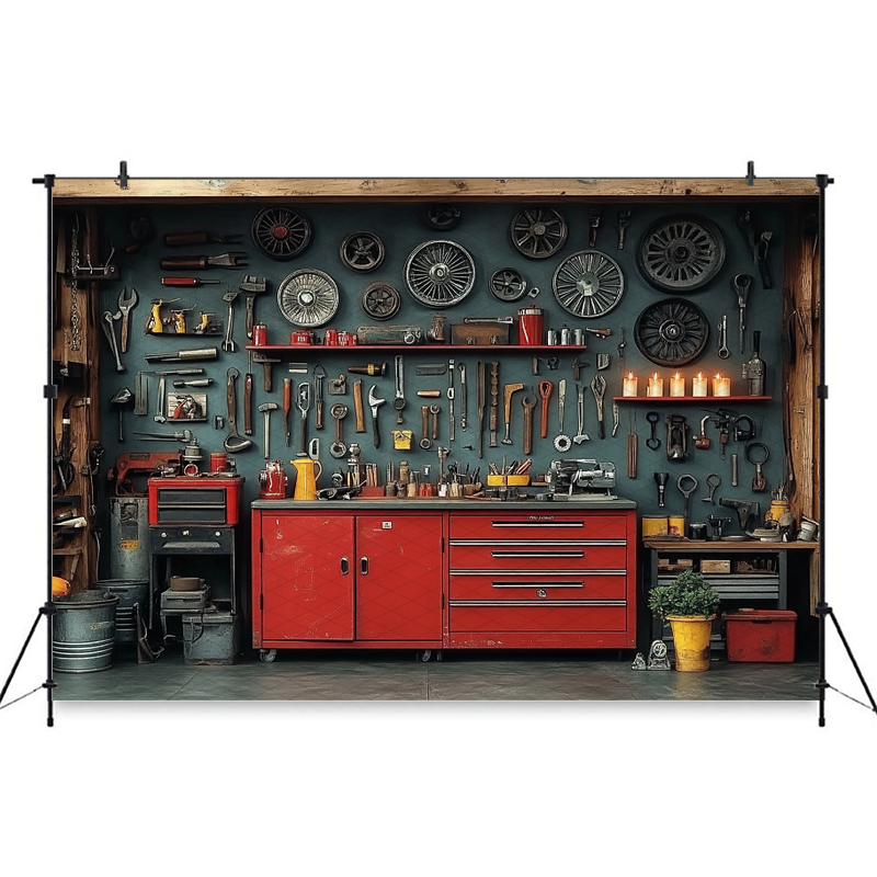 Mocsicka Red Classic Car Garag - Workshop Tools Background recension och pris