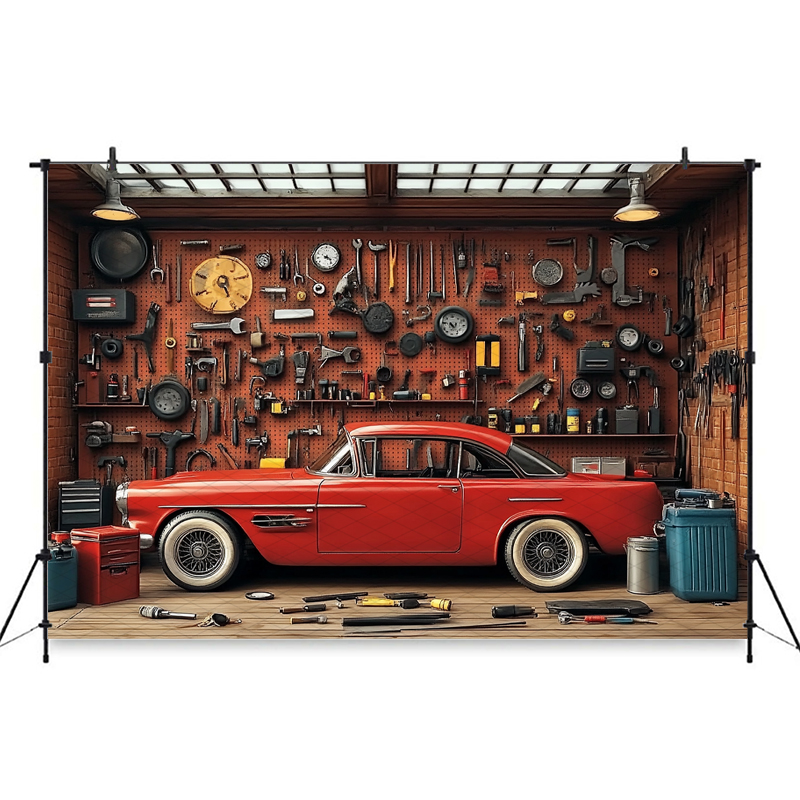 Mocsicka Red Classic Car Garag - Workshop Tools Background recension och pris