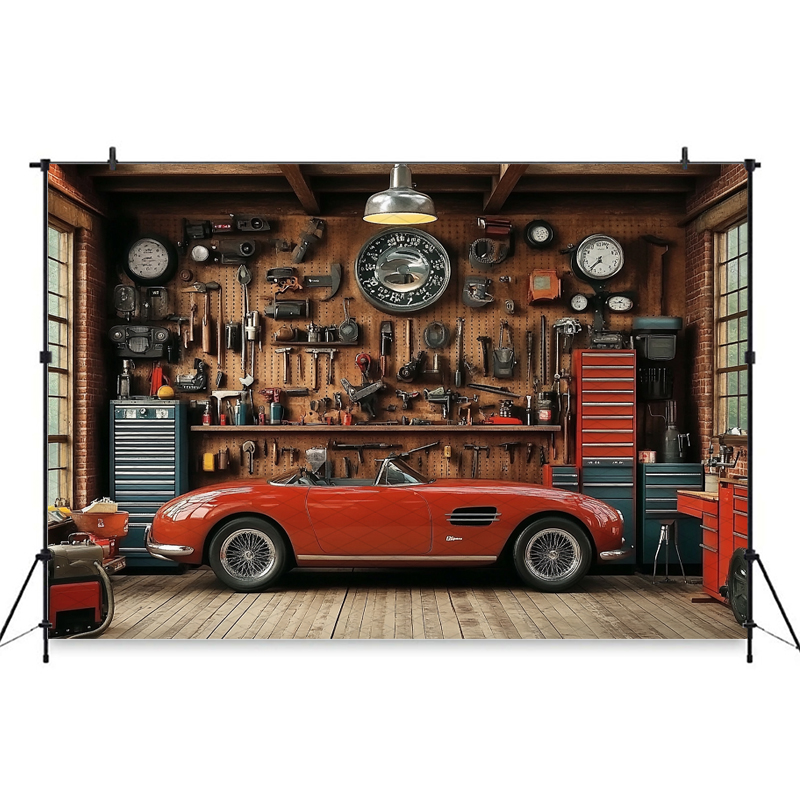 Mocsicka Red Classic Car Garag - Workshop Tools Background recension och pris
