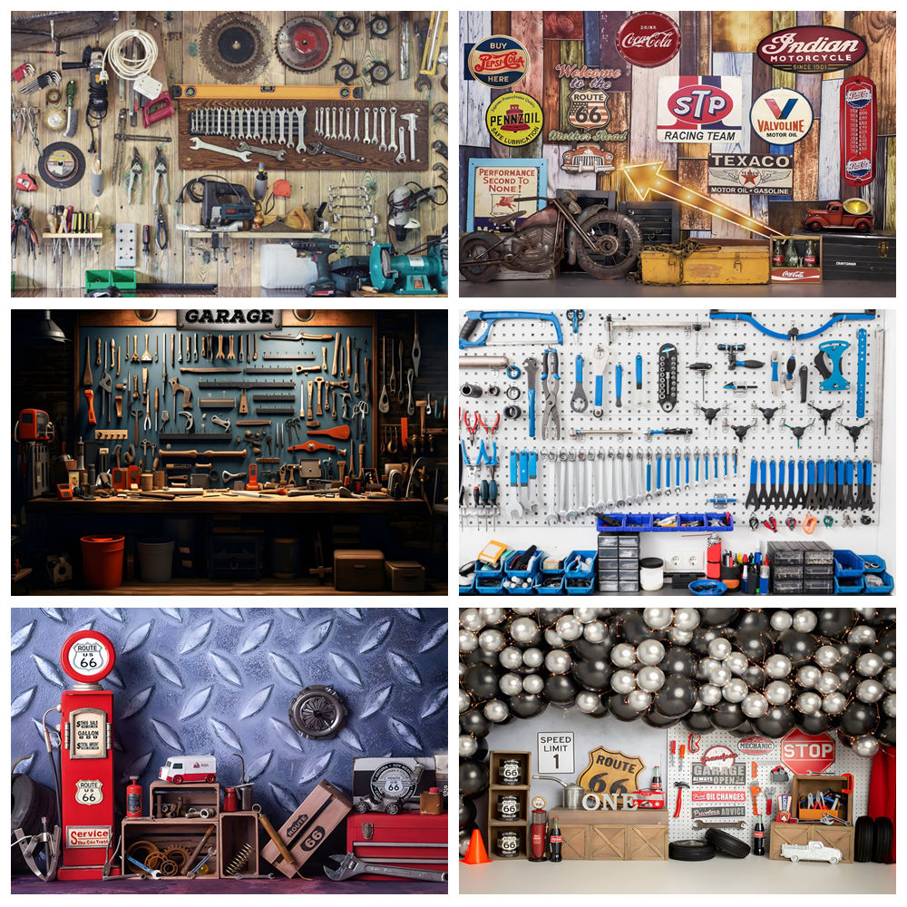 Vintage Garage Backdrops Car R - Workshop Tools Background recension och pris