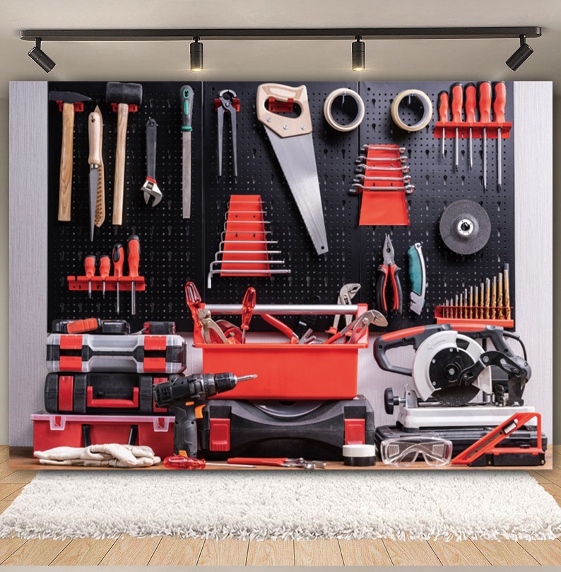 Vintage Garage Backdrops Car R - Workshop Tools Background recension och pris