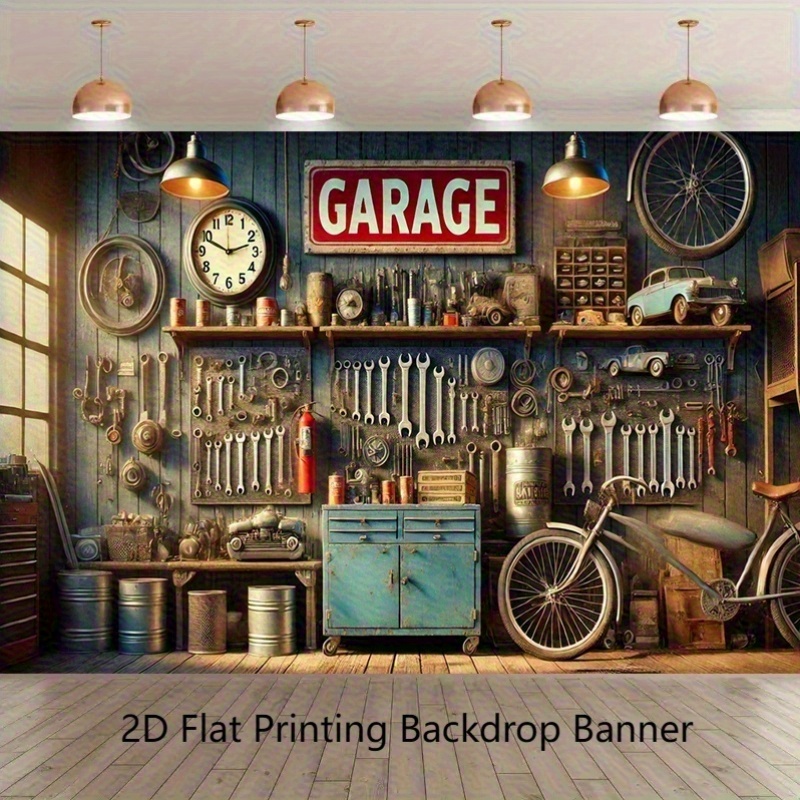 Industrial Garage Backdrop Ban - Workshop Tools Background recension och pris